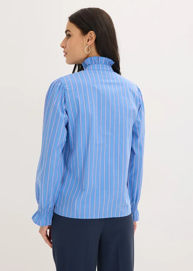 Popeline blouse met rucheskraag, Kleur: middenblauw/wit/pinklady gestreept