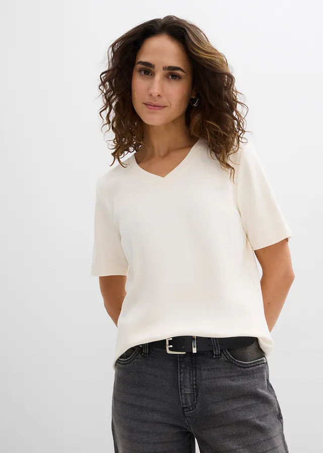 Bluză tricot din jerse greu din bumbac organic (set/2 buc.) • alb perlat-negru • magazin bonprix