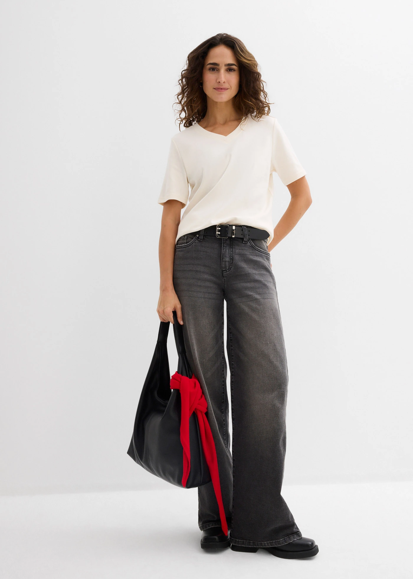 Bluză tricot din jerse greu din bumbac organic (set/2 buc.) • alb perlat-negru • magazin bonprix