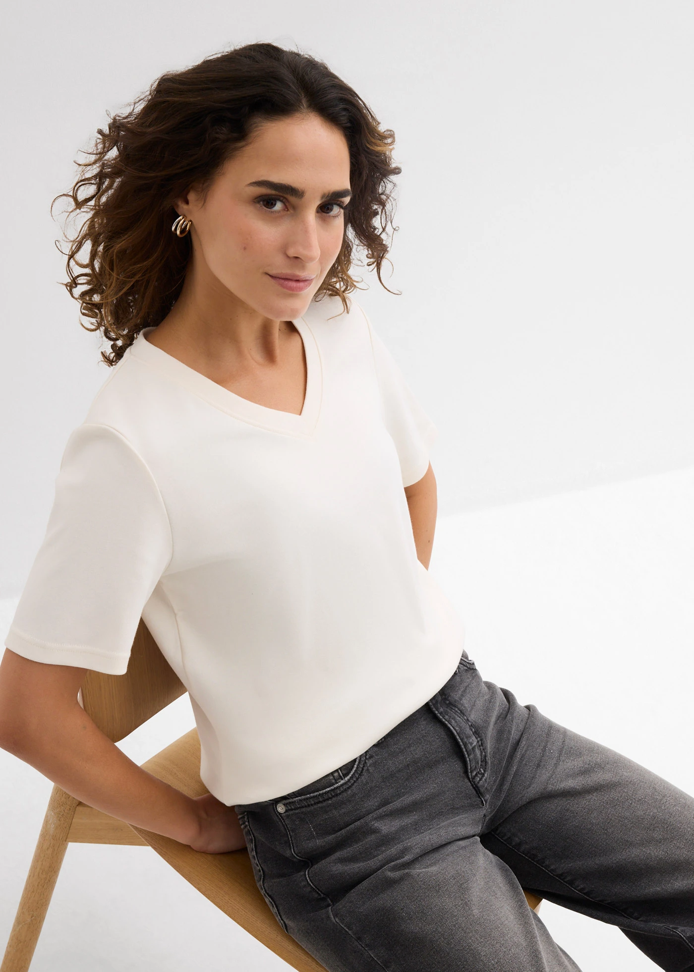 Bluză tricot din jerse greu din bumbac organic (set/2 buc.) • alb perlat-negru • magazin bonprix