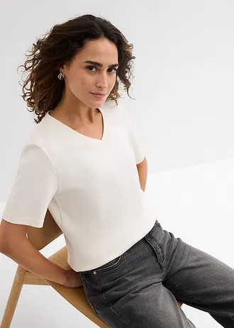 Lot de 2 T-shirts en jersey épais 100% coton • blanc nacré-noir • Boutique bonprix