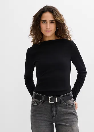 Accentuerend geribd shirt, Kleur: zwart