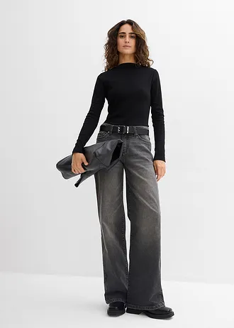 Accentuerend geribd shirt, Kleur: zwart