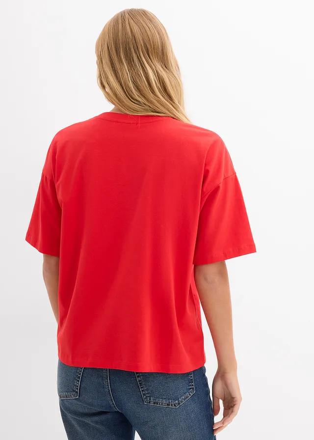 Koszulka oversize • truskawkowy z nadrukiem • sklep bonprix