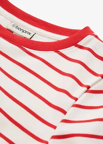 T-shirt z grubej bawełny organicznej • biel wełny - truskawkowy  w paski • sklep bonprix