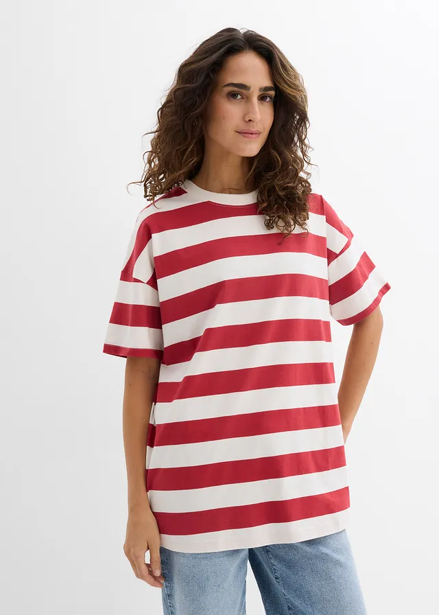 Oversized shirt van puur biologisch katoen • kersenrood/parelwit gestreept • product-page.page-title-suffix