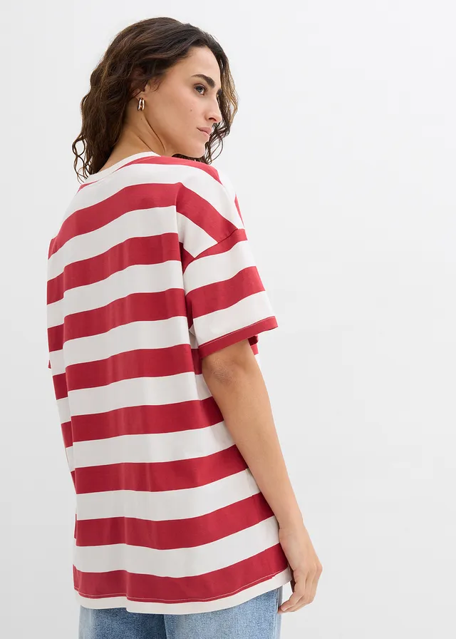 T-shirt oversize 100% coton • rouge cerise/blanc nacré rayé • product-page.page-title-suffix
