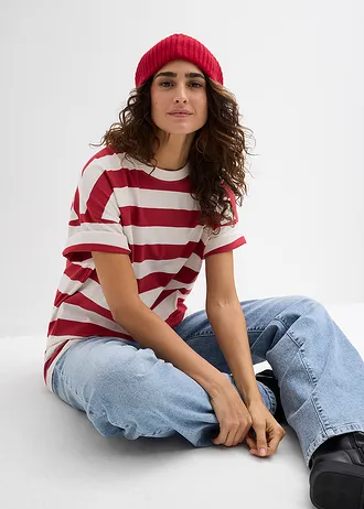 Bluză oversize din bumbac organic 100% • roşu-cireaşă/alb perlat dungat • magazin bonprix