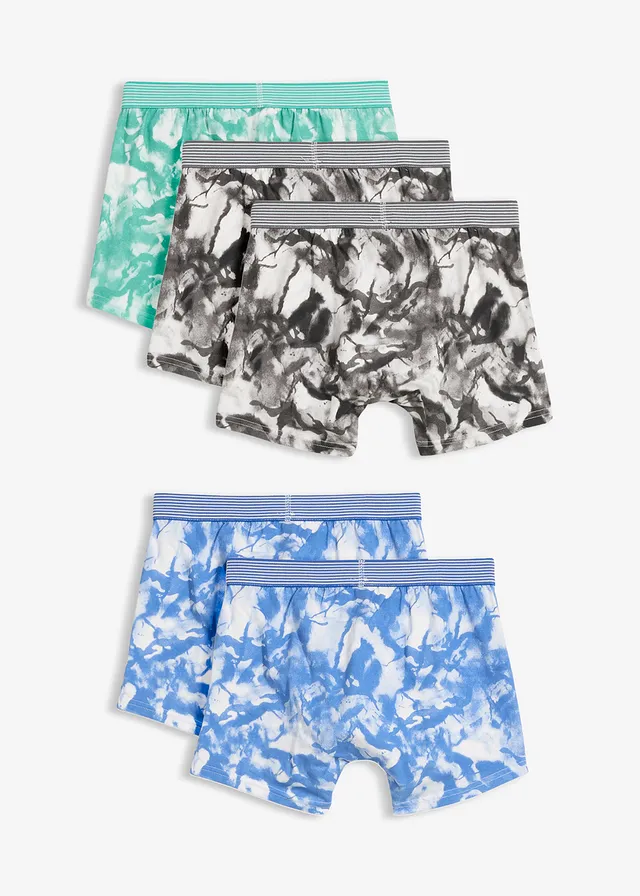Lot de 5 boxers coton doux, Couleur: gris fumé + bleu ciel + turquoise
