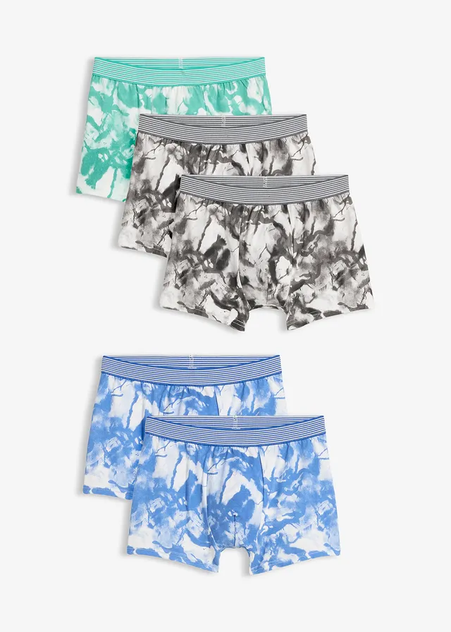Lot de 5 boxers coton doux, Couleur: gris fumé + bleu ciel + turquoise