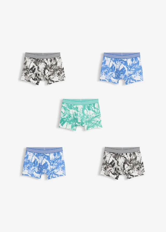 Lot de 5 boxers coton doux, Couleur: gris fumé + bleu ciel + turquoise
