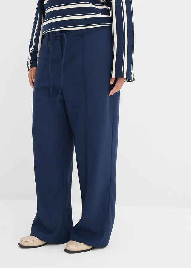 Pantalon droit à taille élastiquée, Couleur: bleu foncé