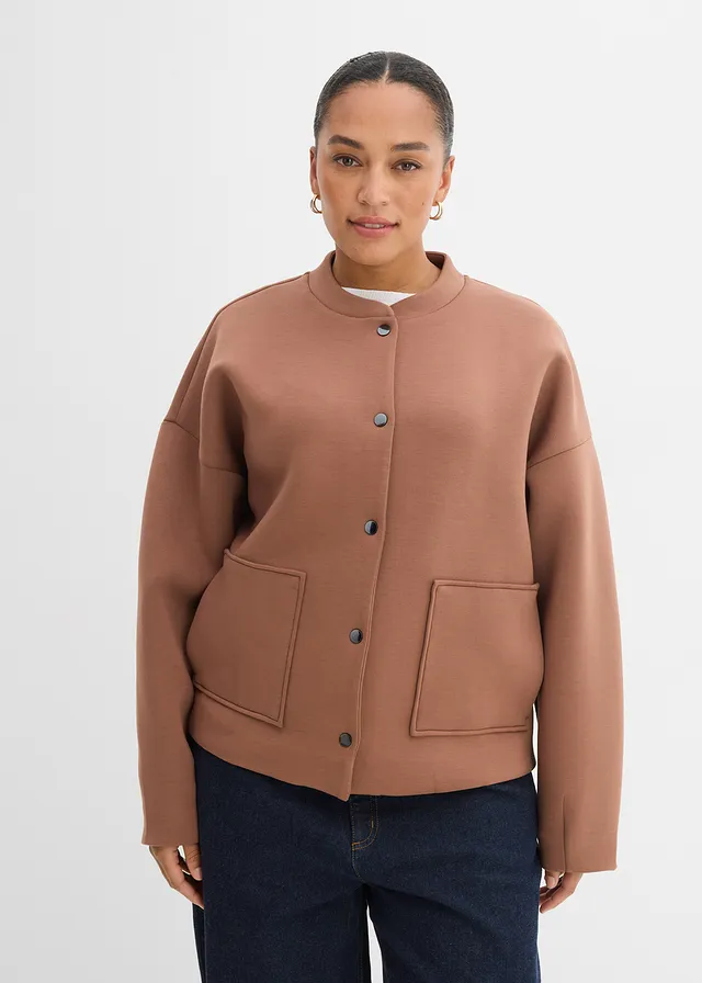 Bomber van comfortabele scuba, Kleur: kastanjebruin