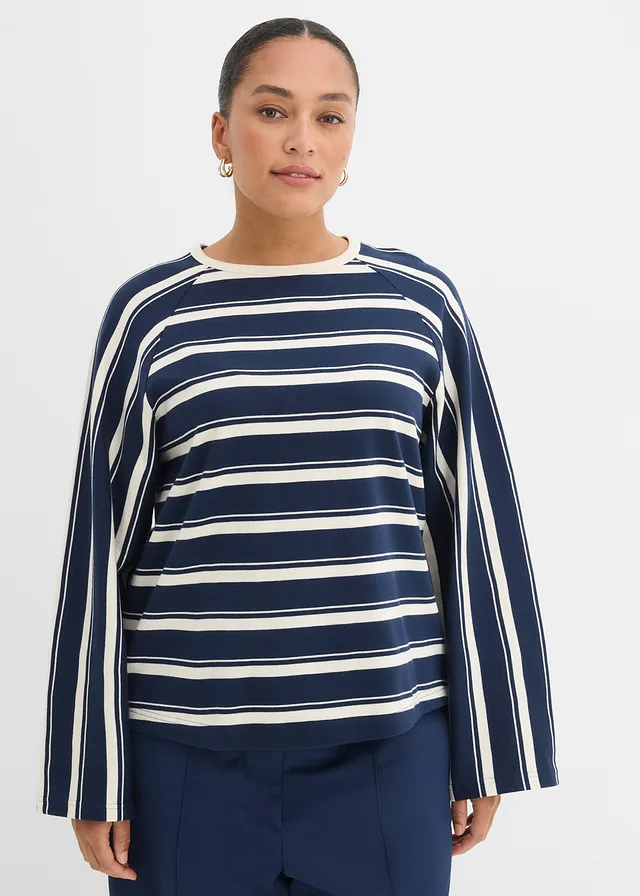 T-shirt manches longues en jersey lourd, Couleur: bleu foncé-blanc nacré rayé