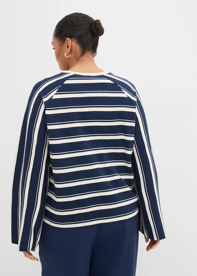 T-shirt manches longues en jersey lourd, Couleur: bleu foncé-blanc nacré rayé
