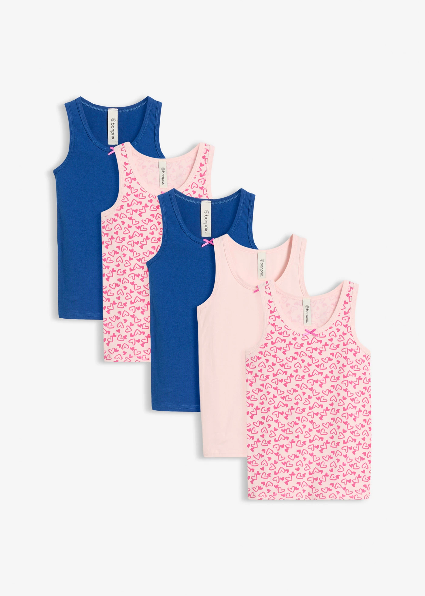 Maiou cu bumbac moale și fundiță din satin (pachet/ 5 buc.) • roz pal cu imprimeu+roz pal+albastru • magazin bonprix