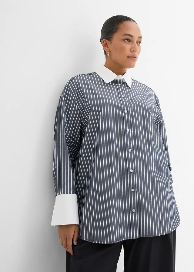 Chemisier oversize 100% coton, Couleur: bleu foncé-blanc rayé