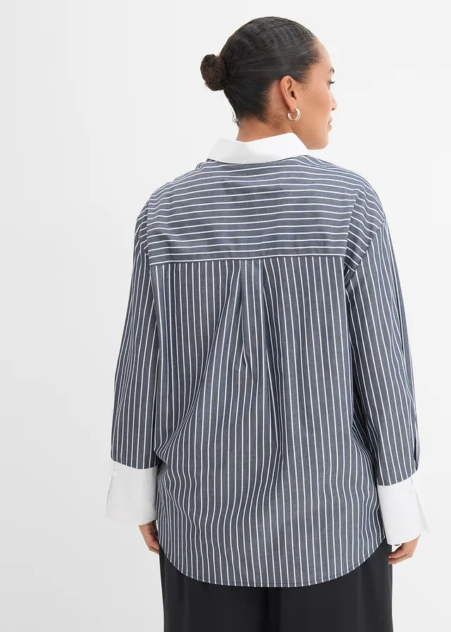 Chemisier oversize 100% coton, Couleur: bleu foncé-blanc rayé