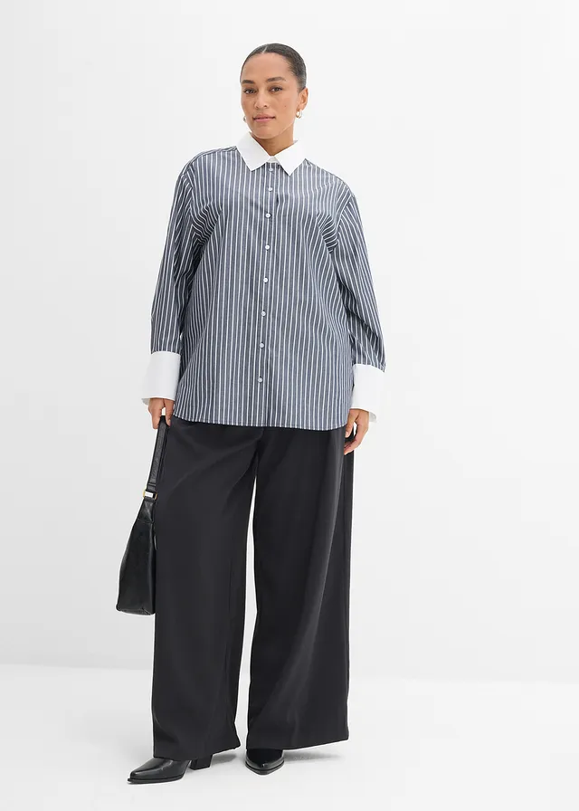 Chemisier oversize 100% coton, Couleur: bleu foncé-blanc rayé