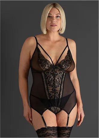 Bustier met jarretels en string (2-dlg. set), Kleur: zwart