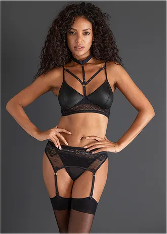 Brassière, string, porte-jarretelles wetlook (ens. 3 pces) • noir • Boutique bonprix