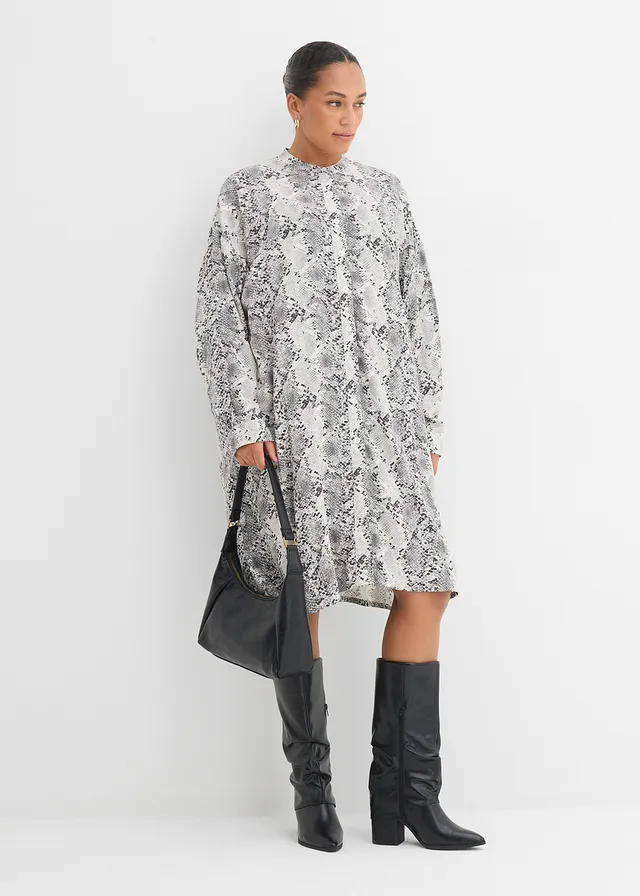 Jurk van soepele viscose, Kleur: zwart-wit slangenprint