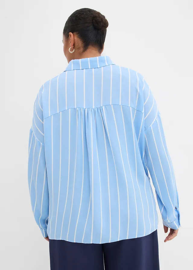Chemisier fluide en satin, Couleur: bleu clair-blanc rayé verticalement