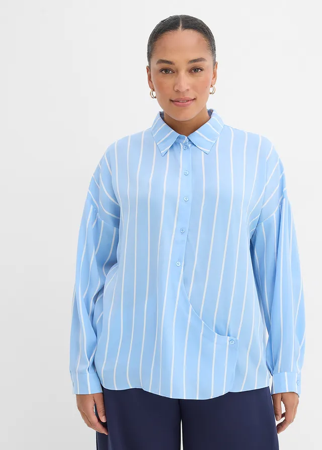 Overhemdblouse van soepel satijn, Kleur: lichtblauw-wit verticaal gestreept