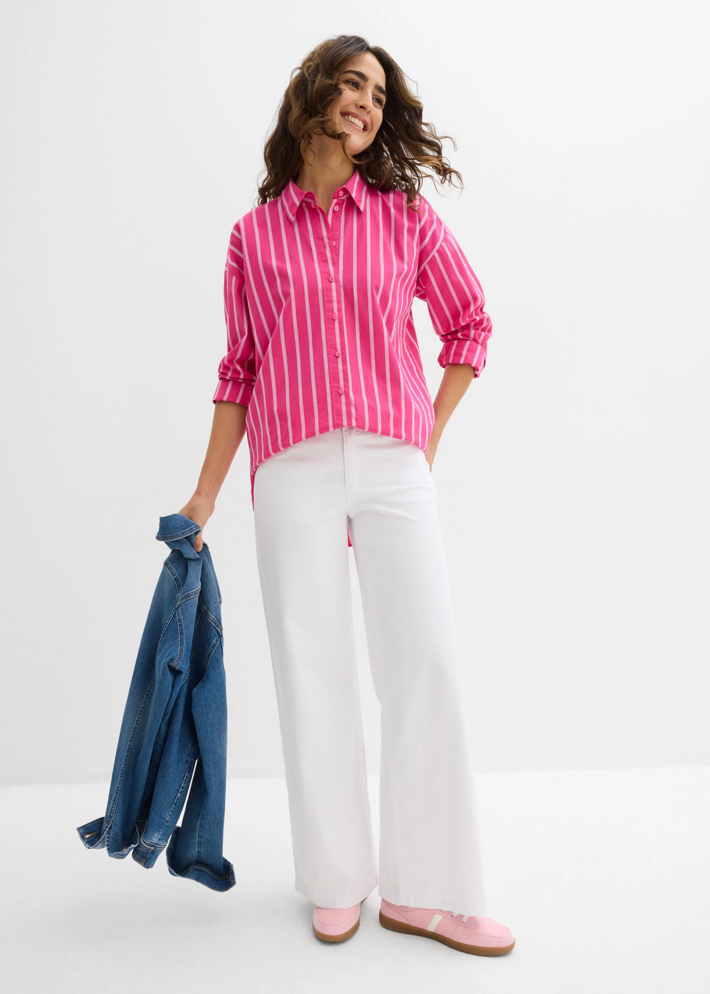 Oversize košilová halenka z čisté bavlny • pinklady/bílá podélně pruhované • bonprix obchod