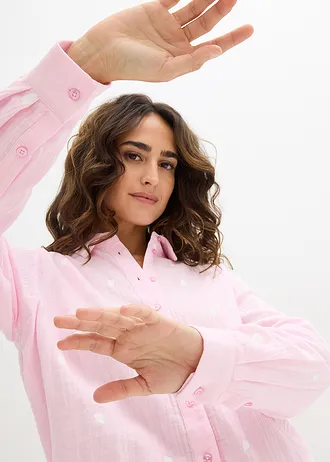 Chemisier en gaze de coton à motif cœurs • rose cristal/blanc • Boutique bonprix