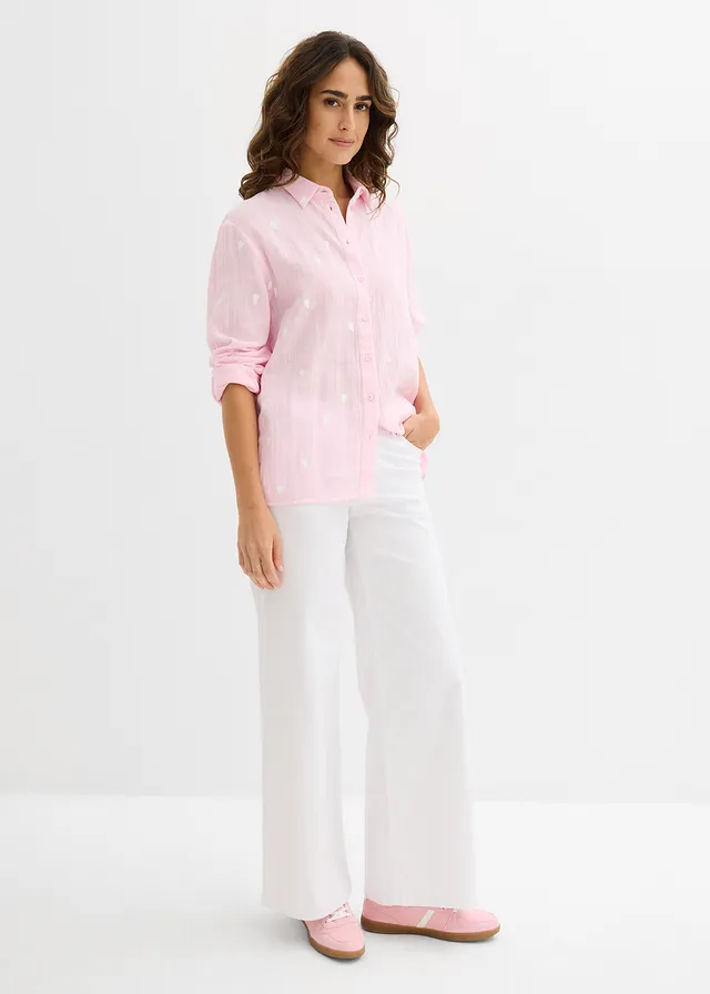 Mousselline blouse met hartjes, Kleur: kristalroze/wit