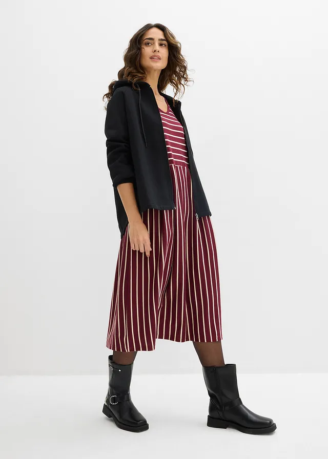 Robe midi en jersey coton, Couleur: rouge érable-sable clair rayé