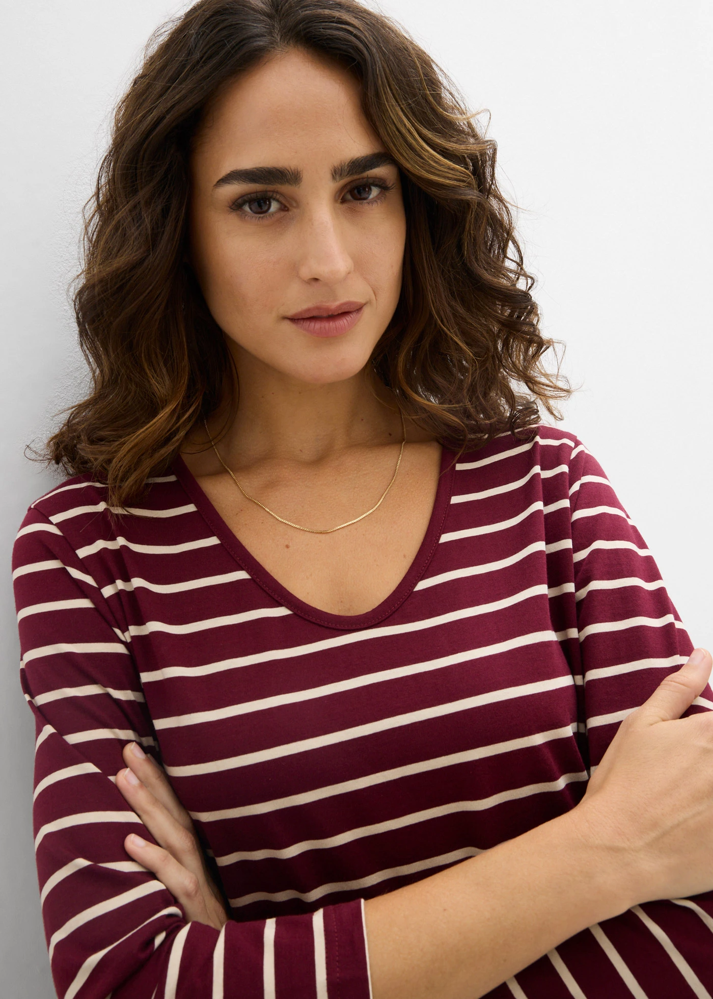 Midi jurk van katoenen jersey • esdoornrood/lichtsand gestreept • bonprix online shop