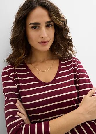 Rochie midi din jerse din bumbac • roșu-arțar/bej nisipiu mat dungat • magazin bonprix