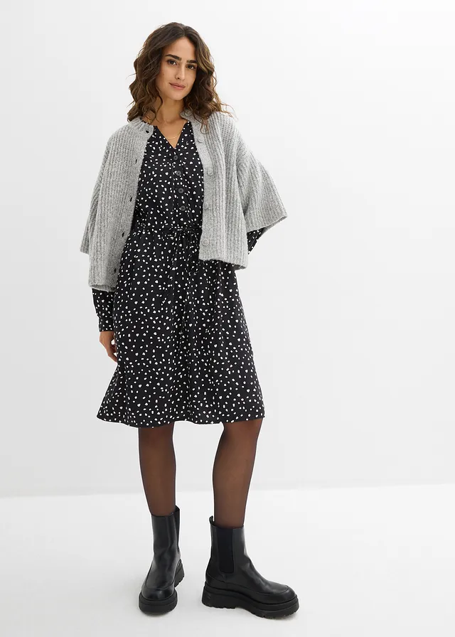 Jurk van soepele viscose zwart-wit gestippeld