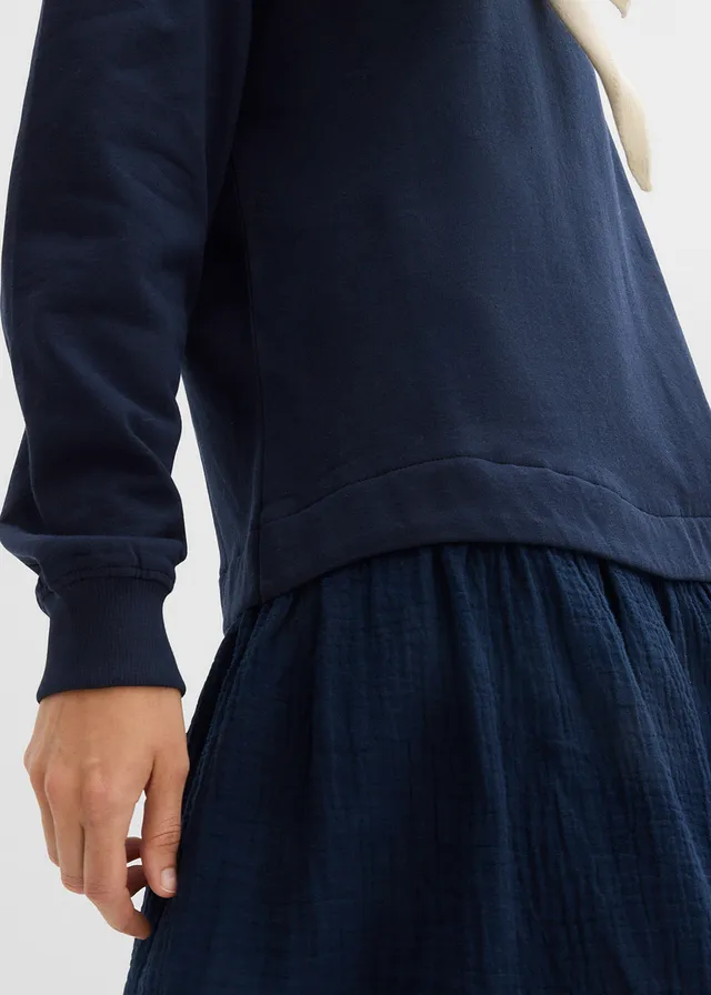 Robe sweat avec jupe tissée, Couleur: bleu foncé