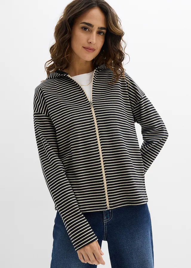 Sweat zippé rayé, Couleur: noir-sable clair rayé