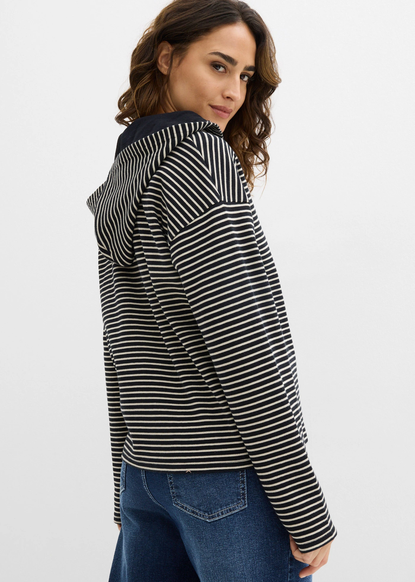 Bluza rozpinana w paski z mieszanki bawełny • czarny-jasny piaskowy w paski • sklep bonprix