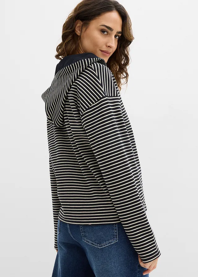 Sweat zippé rayé, Couleur: noir-sable clair rayé