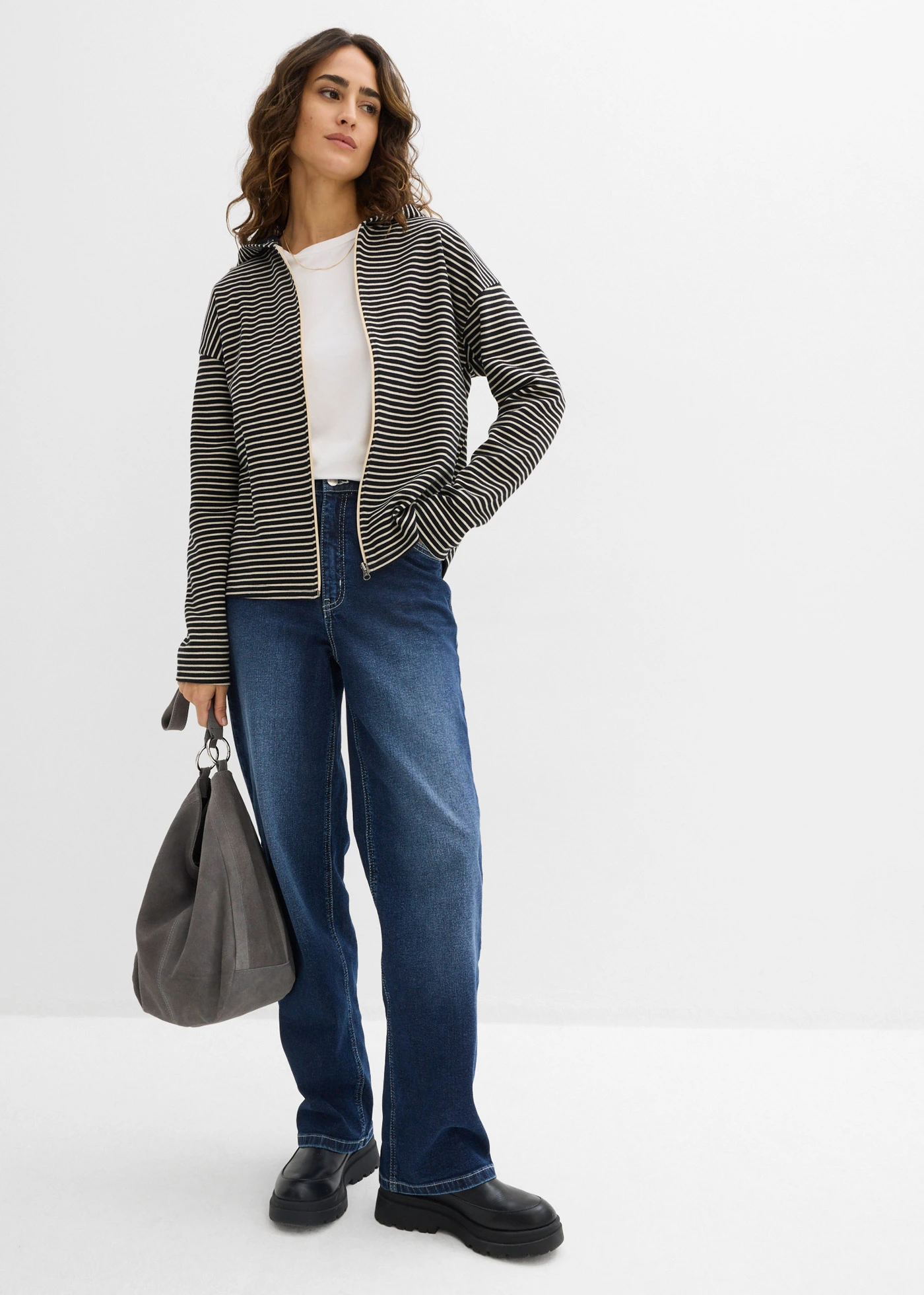 Gestreept sweatvest in een katoenmix • zwart-lichtsand gestreept • bonprix online shop