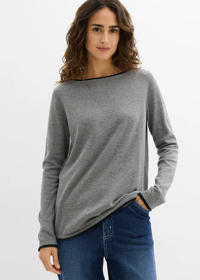 Pull en fine maille de coton mélangé, Couleur: gris chiné/noir