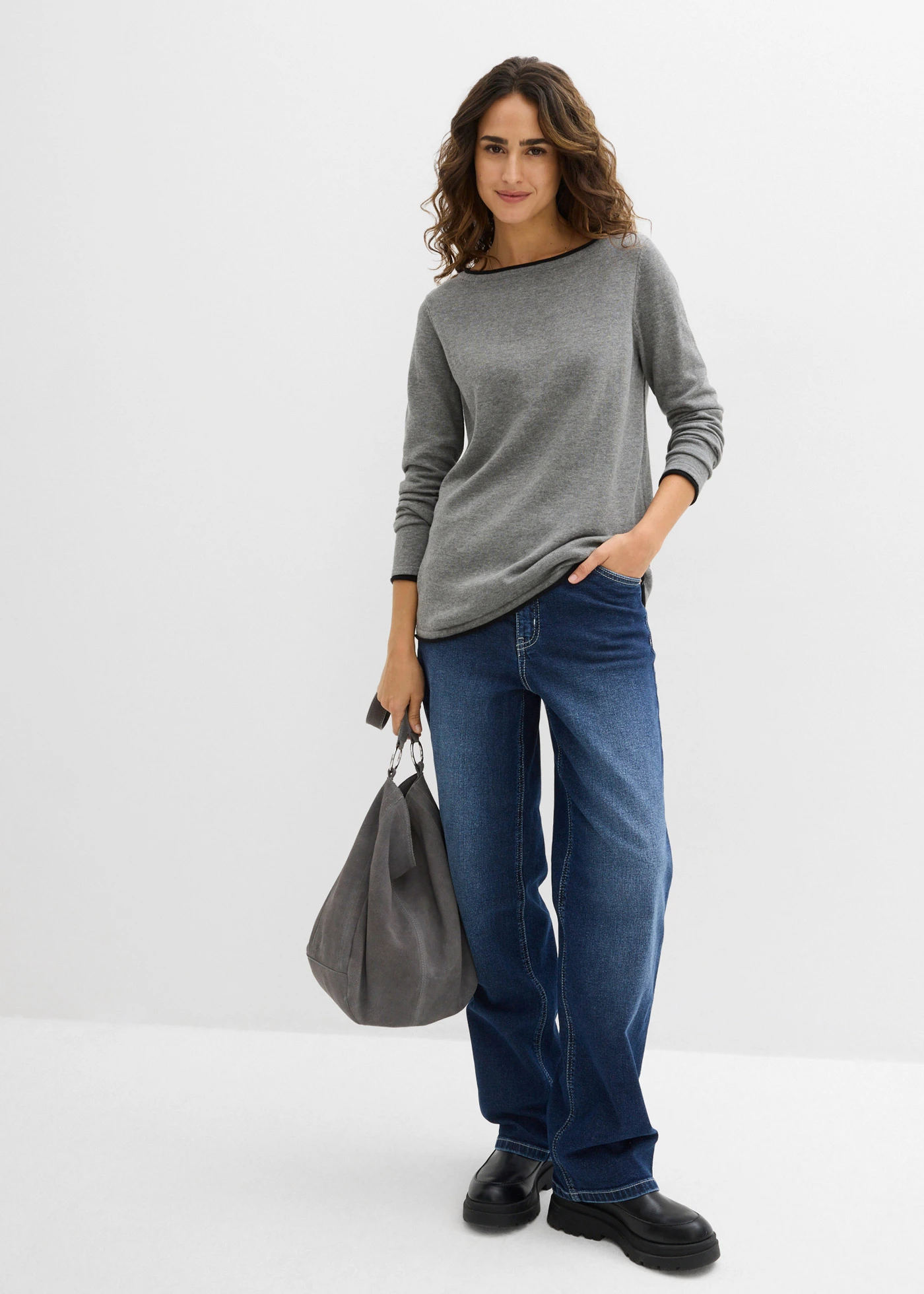 Pull en fine maille de coton mélangé • gris chiné-noir • Boutique bonprix