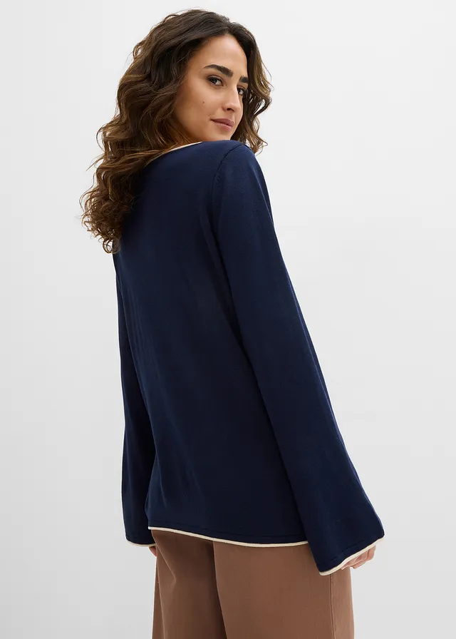 Pull en fine maille de coton mélangé • bleu foncé-sable clair • product-page.page-title-suffix
