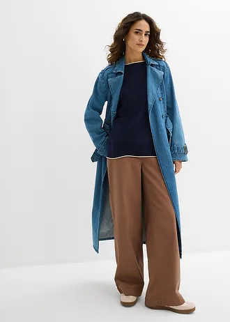 Fijn gebreide trui van katoenmix, Kleur: donkerblauw-lichtsand