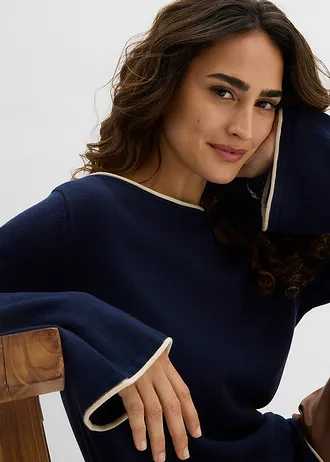 Pull en fine maille de coton mélangé • bleu foncé-sable clair • Boutique bonprix