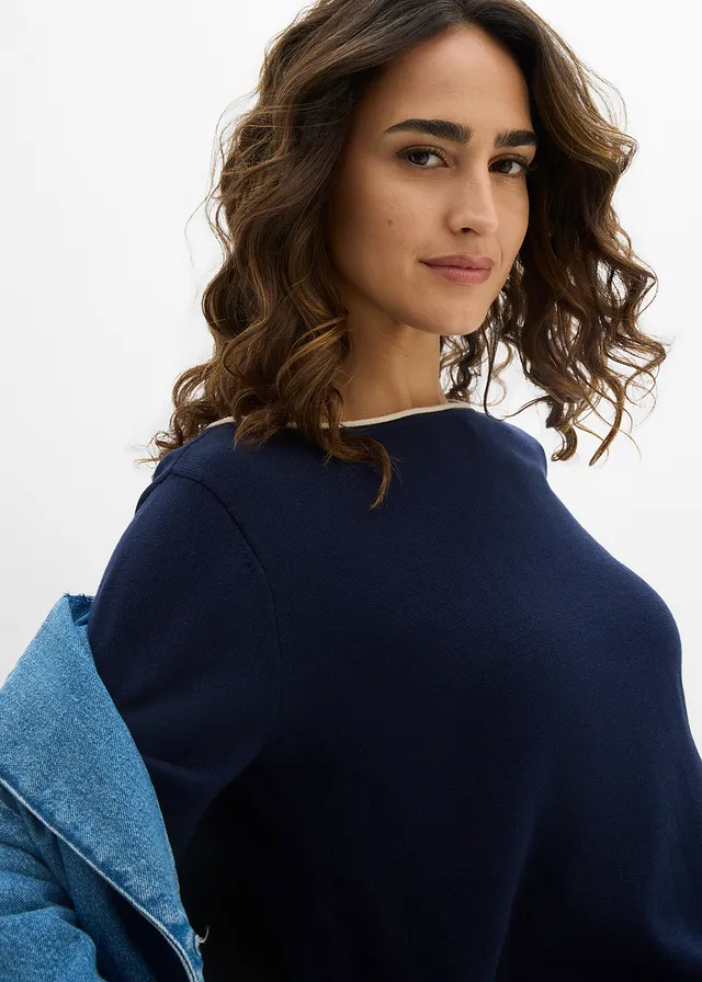 Pull en fine maille de coton mélangé • bleu foncé-sable clair • product-page.page-title-suffix
