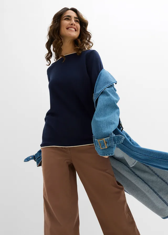 Pull en fine maille de coton mélangé • bleu foncé-sable clair • product-page.page-title-suffix