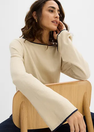 Jemne pletený pulóver bavlneného mixu • svetlopiesková-tmavomodrá • obchod bonprix