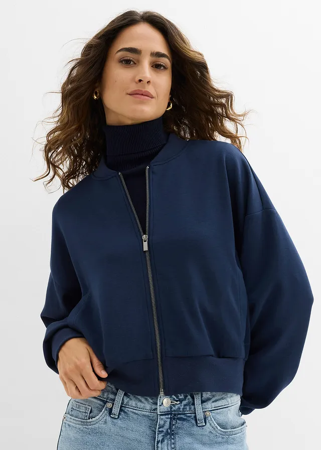 Blouson doux en sweat, Couleur: bleu foncé