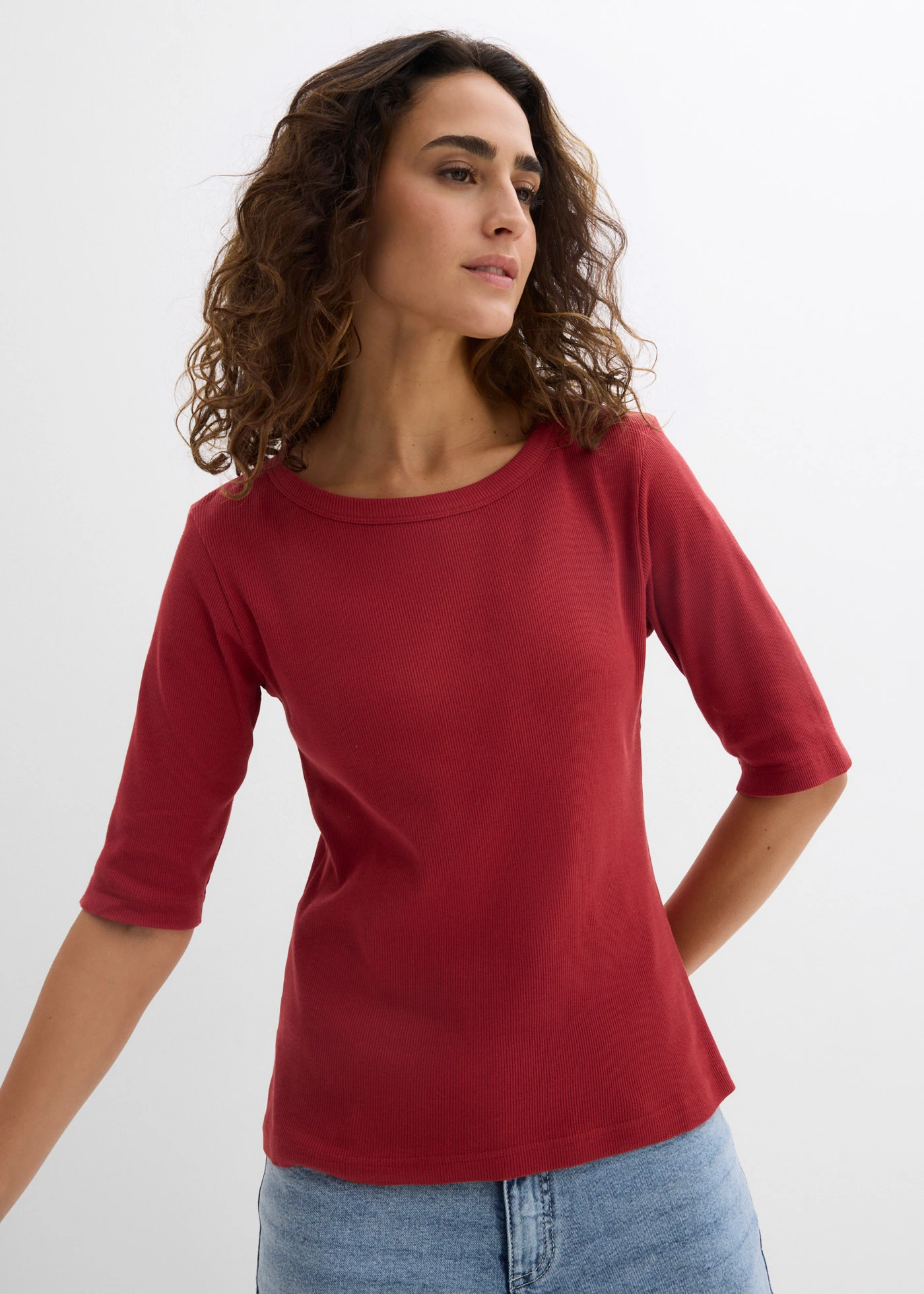 Shirt w prążek, z bawełną organiczną (2 szt.) • czerwony wiśniowy/ciemnoniebieski • sklep bonprix